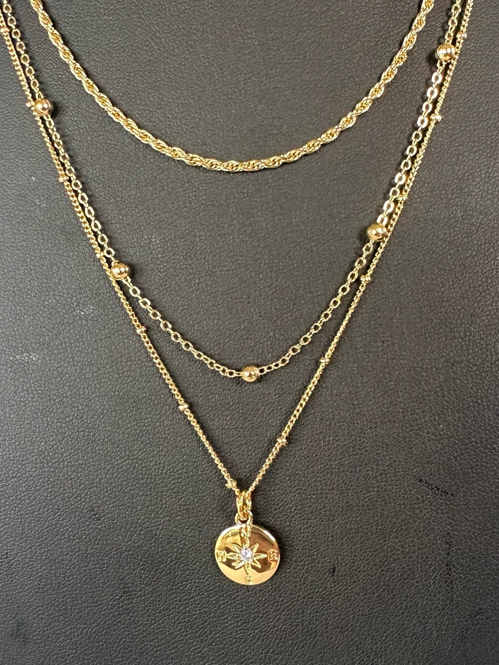 New Elements Gold Tone Layered Compass Necklace Crystal Multi Strand